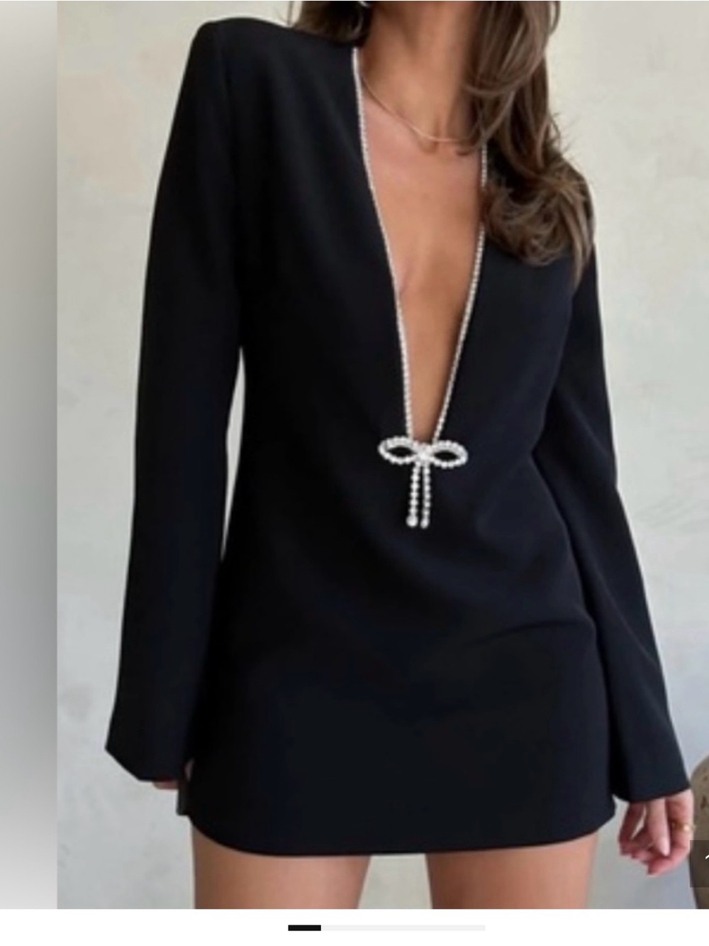 Black Pearl-Trim Deep V Mini Dress